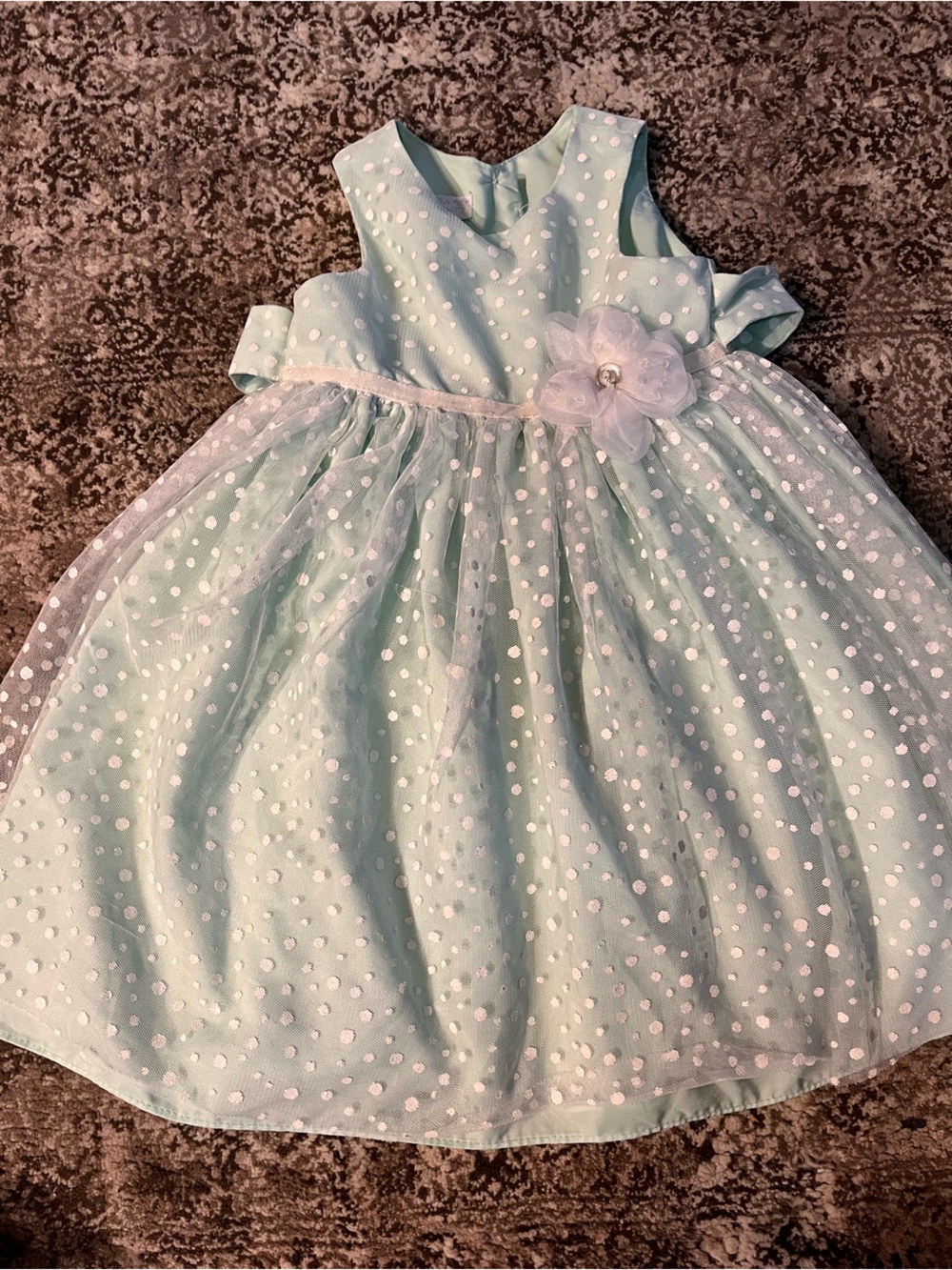 Mint Green Polka Dot Party Dress with Bow and Flower
